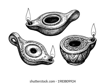 Ancient clay oil lamps. Ink sketch set isolated on white background. Hand drawn vector illustration. Retro style.