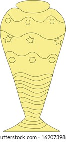 
Ancient clay vase, with drawn signs, lines, stars and circles. Sand color vase on a white background