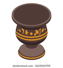 Vaso de barro antigo com padrões tradicionais está em pé em um pedestal de madeira