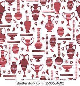 Ancient clay vases seamless pattern. Egyptian and Hellenic pots, amphoras and jugs. Art and crafts concept. Hand drawing archeological silhouettes. Vector flat cartoon illustration. 