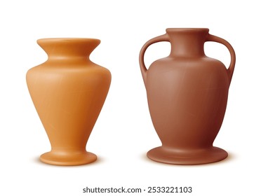 Ancient clay vessels set isolated on white background. Vector realistic illustration of traditional ceramic vase, jar, amphora with handles, antique pottery art, museum exhibit, home interior element