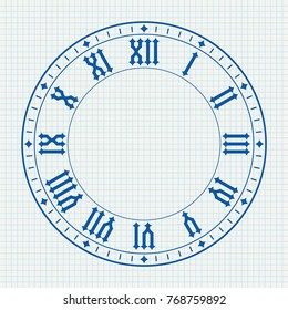 Ancient clock face with roman numerals. On lined paper background. Vector illustration