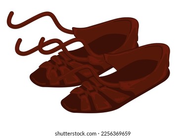 Ancient clothes and fashion of old greece, isolated handmade footwear with lace, shoes made of leather. Classic traditional boots for greek people. Obsolete historic culture. Vector in flat style