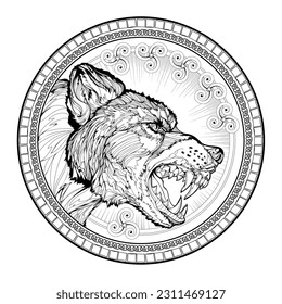 Ancient coin with fabulous bear. Celtic magic symbol. Coloring book for children and adults. Animals for coloring. Printable page for drawing and meditation. Black and white vector image.