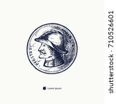 Ancient coin hand drawn. The image of ancient coin can be used for tattoo, engraving, printing t shirts, fashion design. Vector illustration.