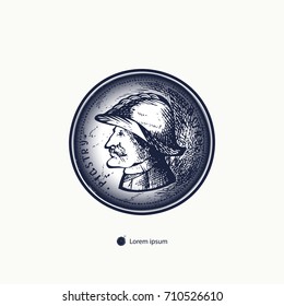 Ancient coin hand drawn. The image of ancient coin can be used for tattoo, engraving, printing t shirts, fashion design. Vector illustration.