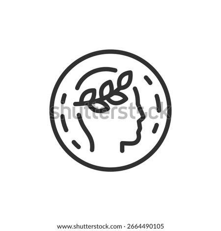 Ancient coin with laurels, linear icon. Historical money, archaeology, or antique currency. Line with editable stroke.