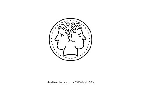 Ancient Coin Showing Two-headed Roman God Janus, black isolated vector silhouette