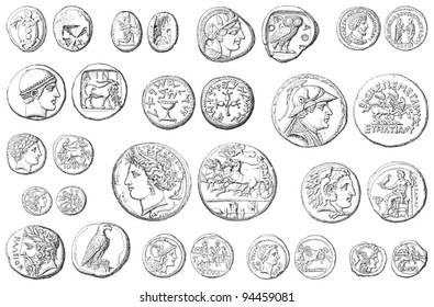 Ancient coins collection (roman and greek) / vintage illustration from Meyers Konversations-Lexikon 1897