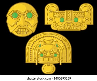 Ancient Colombian golden animal heads of some pre hispanic native cultures with emeralds,Vector Illustration Set in black background. (Sinú, Tairona, Muísca, Tolíma, Quimbaya, Calima) - Vector