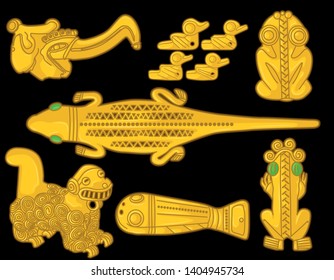 Ancient Colombian golden animal heads of some pre hispanic native cultures with emeralds,Vector Illustration Set in black background. (Sinú, Tairona, Muisca, Tolíma, Quimbaya, Calima) - Vector