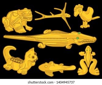 Ancient Colombian golden animal heads of some pre hispanic native cultures with emeralds,Vector Illustration Set in black background. (Sinú, Tairona, Muisca, Tolíma, Quimbaya, Calima) - Vector