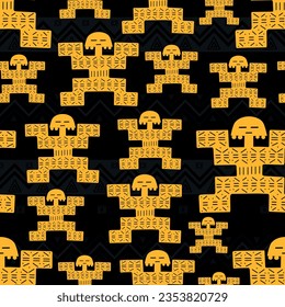 Ancient colombian golden figure seamless pattern over black background