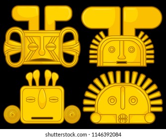 Ancient Colombian golden heads of some pre hispanic native cultures,Vector Illustration Set in black background.
 (Sinú, Tairona, Muísca, Tolíma, Quimbaya, Calima) 