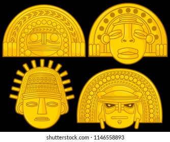 Alte kolumbianische goldene Köpfe einiger prähispanischer einheimischer Kulturen, Vektorgrafik Set auf schwarzem Hintergrund. Second Set (Sinú, Tairona, Muísca, Tolíma, Quimbaya, Calima)