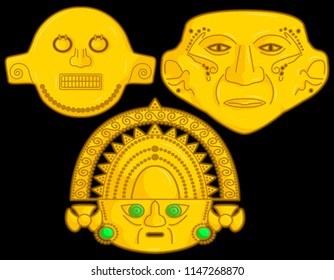 Ancient Colombian golden heads of some pre hispanic native cultures,Vector Illustration Set in black background. 