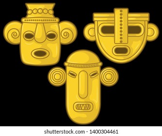 Ancient Colombian golden heads of some pre hispanic native cultures,Vector Illustration Set in black background. (Sinú, Tairona, Muísca, Tolíma, Quimbaya, Calima, San Agustín, Tierradentro) - Vector