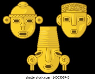 Ancient Colombian golden heads of some pre hispanic native cultures,Vector Illustration Set in black background. (Sinú, Tairona, Muísca, Tolíma, Quimbaya, Calima, San Agustín, Tierradentro) - Vector