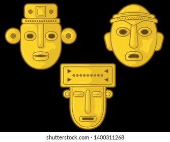 Ancient Colombian golden heads of some pre hispanic native cultures,Vector Illustration Set in black background. (Sinú, Tairona, Muísca, Tolíma, Quimbaya, Calima, San Agustín, Tierradentro) - Vector