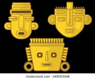 Ancient Colombian golden heads of some pre hispanic native cultures,Vector Illustration Set in black background. (Sinú, Tairona, Muísca, Tolíma, Quimbaya, Calima, San Agustín, Tierradentro) - Vector