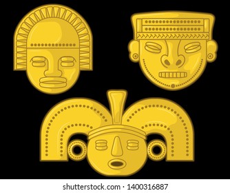 Ancient Colombian golden heads of some pre hispanic native cultures,Vector Illustration Set in black background. (Sinú, Tairona, Muísca, Tolíma, Quimbaya, Calima, San Agustín, Tierradentro) - Vector