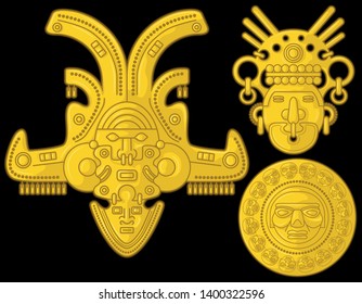 Ancient Colombian golden heads of some pre hispanic native cultures,Vector Illustration Set in black background. (Sinú, Tairona, Muísca, Tolíma, Quimbaya, Calima, San Agustín, Tierradentro) - Vector