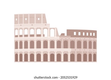 Ancient Colosseum building. Roman Coliseum in Italy. Old Italian architecture. Great Rome landmark. Antique imperial amphitheater. Flat vector illustration isolated on white background