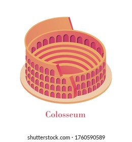 Ancient Colosseum isometric. Famous Italian landmark antique huge orange collise arena gladiatorial fights red brick shows national historical vector monument antique isometric architecture Rome.