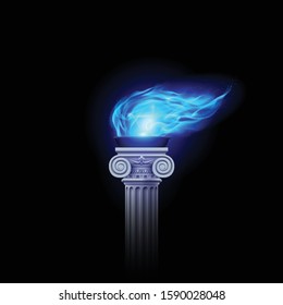 Ancient Column with Blue Flame Swaying in the Wind. Illustration of a Flaming Torch Based on the Torches of Ancient Greece and Rome on Black Background