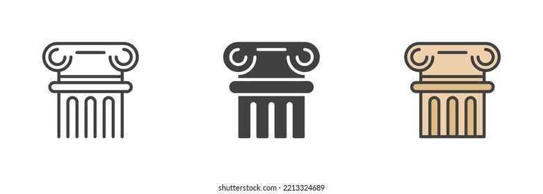 Ancient column different style icon set. Line, glyph and filled outline colorful version, roman column outline and filled vector sign. Symbol, logo illustration. Vector graphics