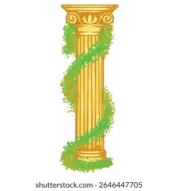  Ancient column with green ivy isolated on white background. Vector illustration.
