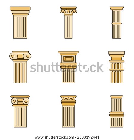 Ancient column icon set. Outline set of ancient column vector icons thin line color flat on white