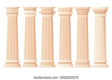 Ancient column set. Museum and exhibition. Cartoon greek or roman pillars. Antique decorative element. Cartoon flat vector isolated on white