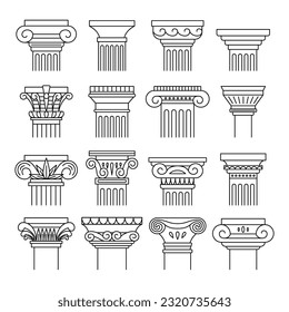 Columnas antiguas Columnas Negro Línea delgada Juego de iconos Incluye el orden iónico, dorado y corintiano. Iconos vectoriales