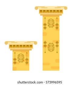 Ancient columns isolated vector illustration. Sand color stone pillars with tribal signs.