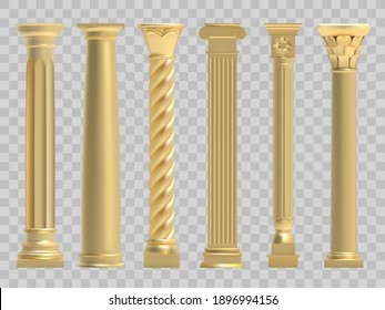 Ancient columns. Realistic golden greek ancient column, classic historic columns. Antique architectural gold pillars vector illustration set. Roman culture stone architecture, decoration