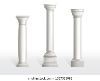 Ancient columns set isolated on white background. Antique classic stone ornate pillars of roman or greece architecture for interior or facade. Joinery vintage elements Realistic 3d vector illustration