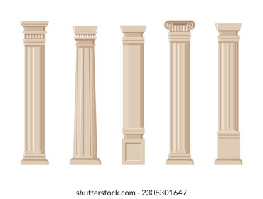 Ancient columns set. Marble structures, old Greece architecture. Archeology and paleontology, history. Luxurious and beautiful building. Cartoon flat vector collection isolated on white background