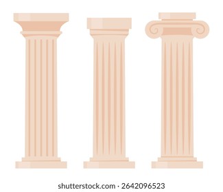 Ancient columns set. Marble structures, old Greece architecture. Archeology and paleontology, history. Luxurious and beautiful building.