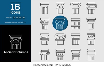 Ancient Columns set of outline icons related to analysis, infographic, analytics. Editable stroke. Vector illustration. 