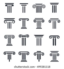 Ancient columns vector icon set. Vector black column icons set on white background.