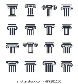 Ancient columns vector icon set. Vector black column icons set on white background.