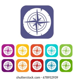 Ancient compass icons set vector illustration in flat style In colors red, blue, green and other