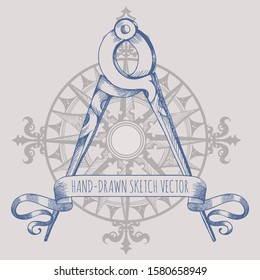Ancient compass measuring instrument. Drawing by hand. Element of decorating an old geographical map. Inscription frame