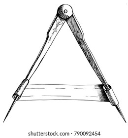 Ancient compass measuring instrument. Drawing by hand. Element of decorating an old geographical map. Inscription frame