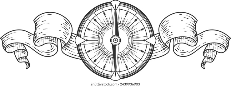 Ancient compass and ribbon. Hand drawn geography map tool