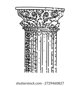 Ancient corinthian column capital and fluted shaft, illustrating classical architectural elements with decorative acanthus leaves and volutes in a hand drawn line art style
