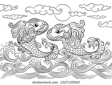 Ancient couple of fish. Dragon fish with wave background.