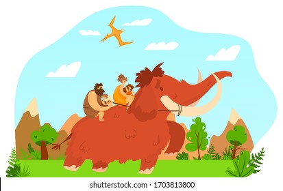 Ancient couple, primitive family people, character prehistoric male, female, child saddled mammoth, flat vector illustration. Design wildlife nature, pterodactyl, landscape, old ages tribe.