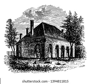 It is a ancient court house which are surrounded by green tree & plants vintage line drawing or engraving illustration.